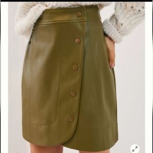 NWT Anthropologie Olive Green Snap Front Faux Leather Wrap Skirt, Size 14